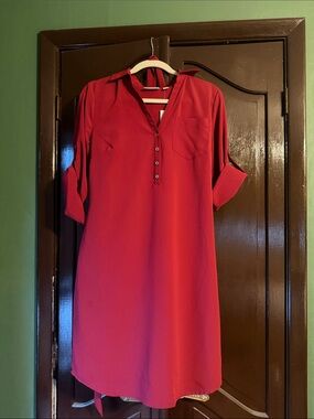 New York & Company Red Button-Front Shift Dress